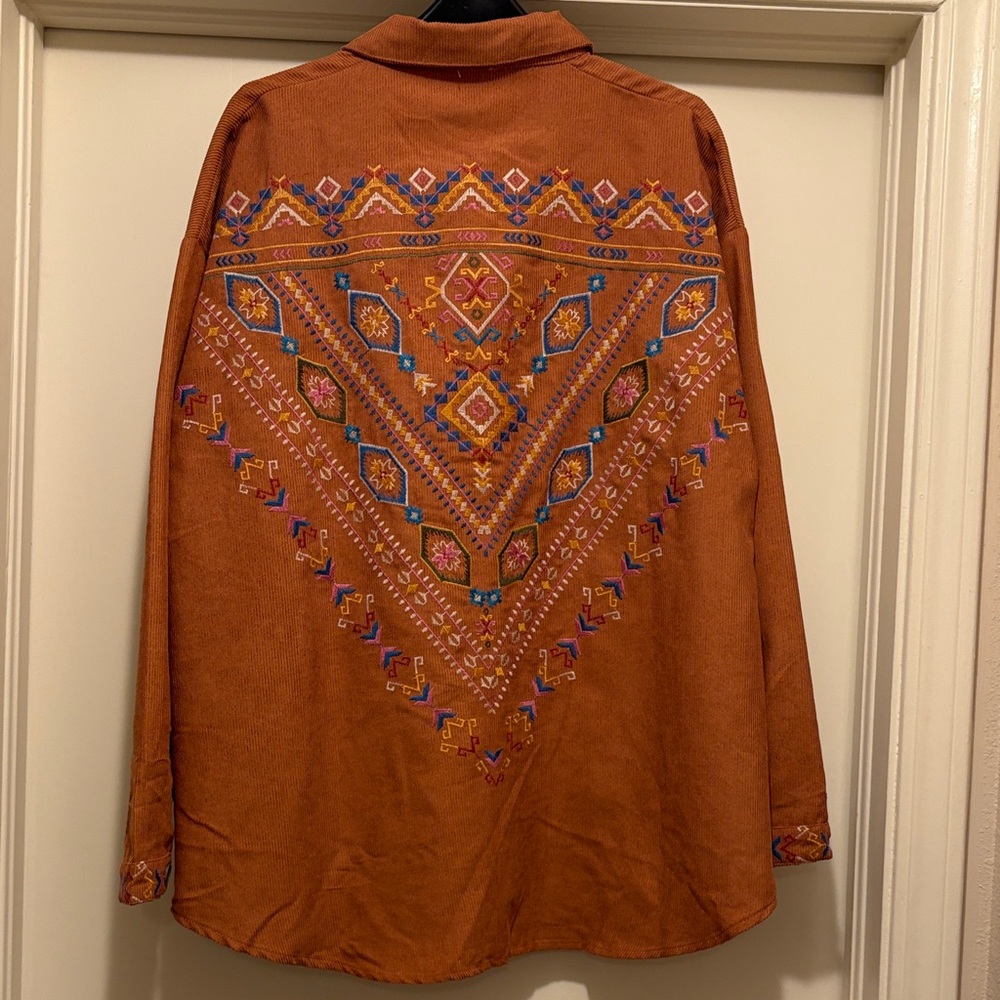 Rust Orange Button-Up Shirt With Patterned Pocket… - image 2